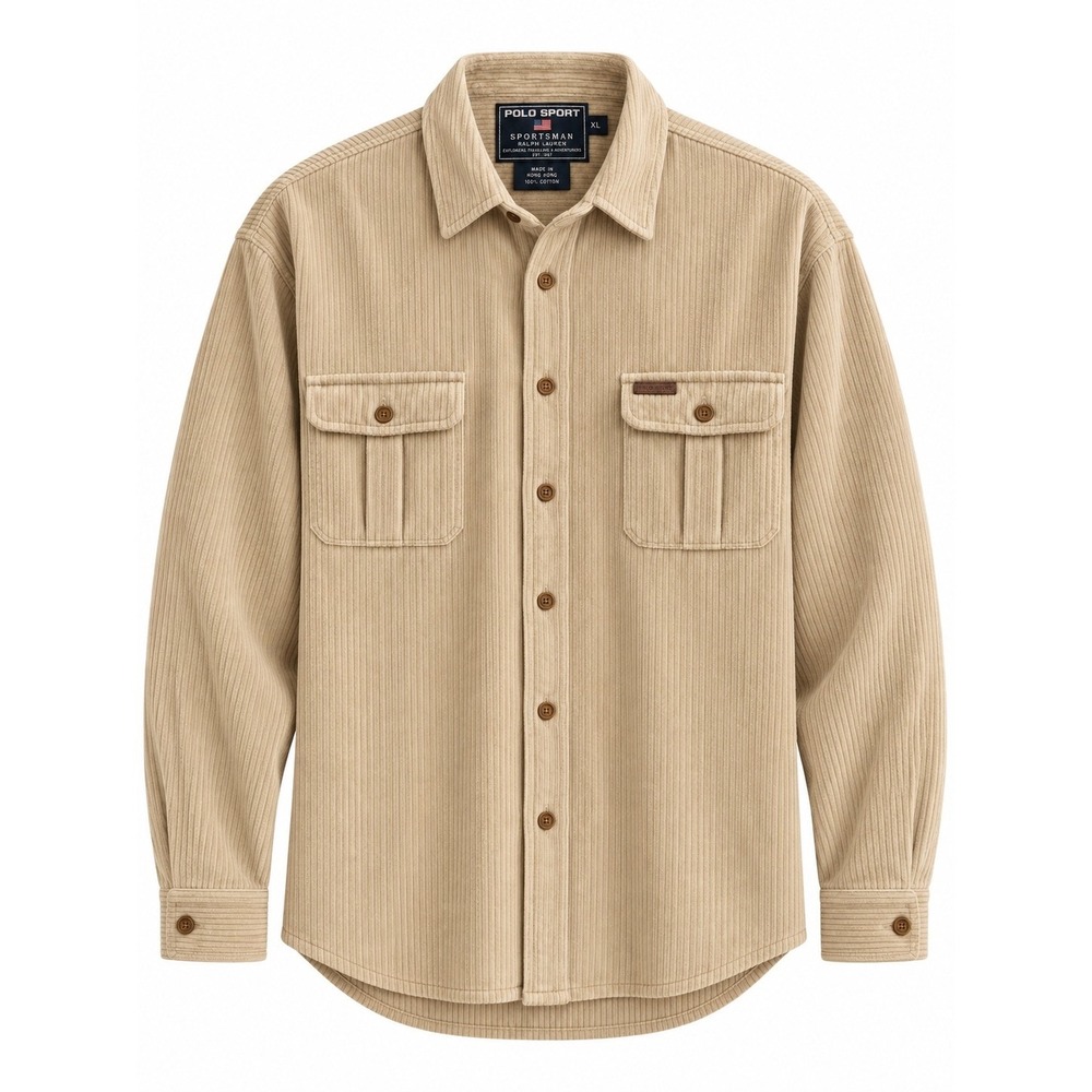 Vintage Polo Sport Ralph Lauren Sportsman Corduroy Shirt Mens XL Tan 90s Pocket